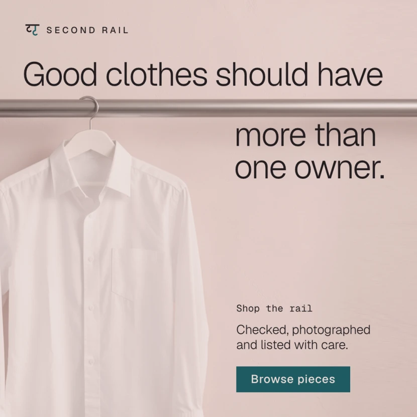 Sample advert for Second Rail, an invented resale shop: a crisp white shirt on a rail, with the headline Good clothes should have more than one owner, and a Browse pieces button.